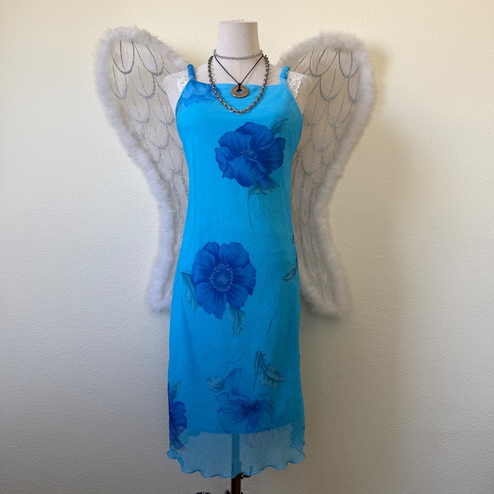 Y2K Turquoise Blue Floral Midi Dress Size 7/8 Vintage Retro‎ Bright Girly Grunge